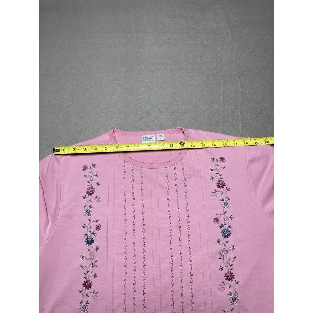 Womens XL Pink Embroidered Shirt 3/4 Sleeves Grandma Cottage Core Floral Cropped